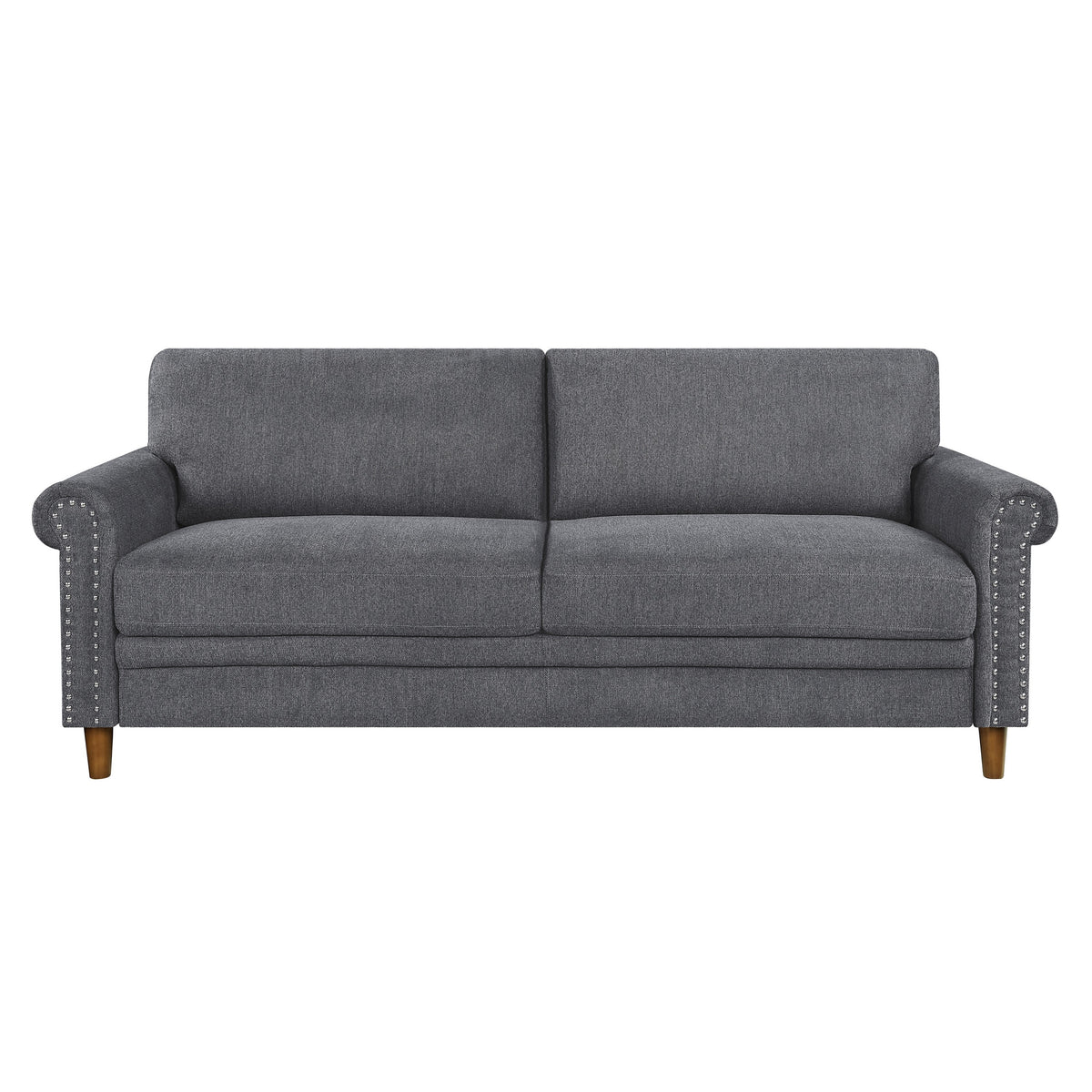 Ruby 80 Inch Sofa, Gray Polyester, Soft Cushions, Nailhead Trim, Solid Wood - BM315206