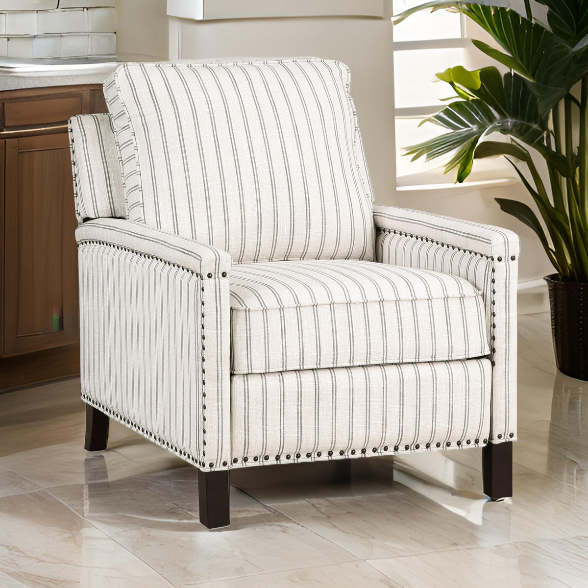 Claire 34 Inch Accent Chair, Push Recliner, Beige Gray Polyester Pinstripes - BM315209