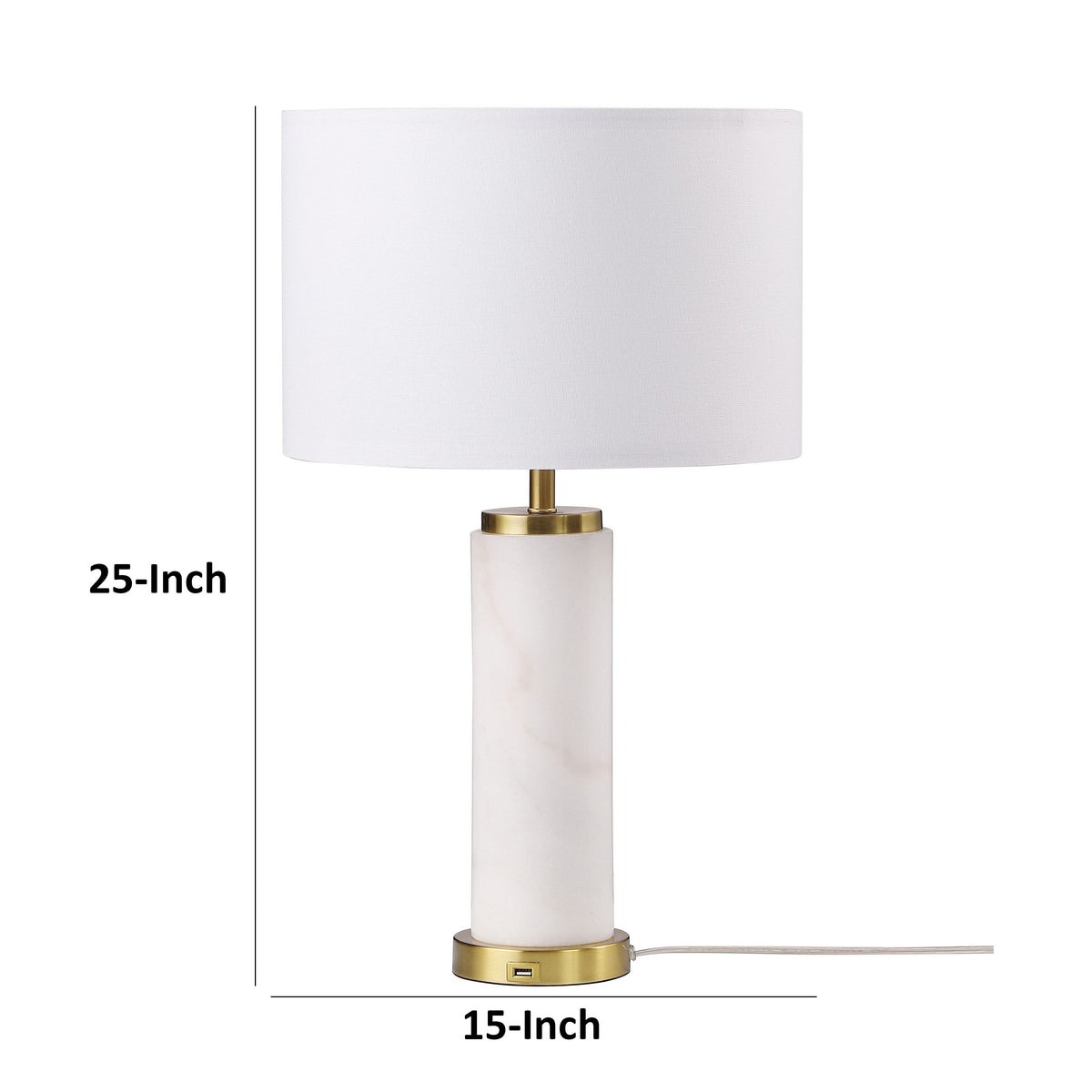 25 Inch Table Lamp, White Fabric Drum Shade, Modern Gold Metal Round Base - BM315251