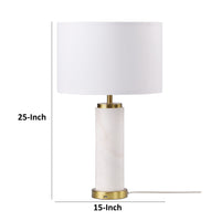 25 Inch Table Lamp, White Fabric Drum Shade, Modern Gold Metal Round Base - BM315251