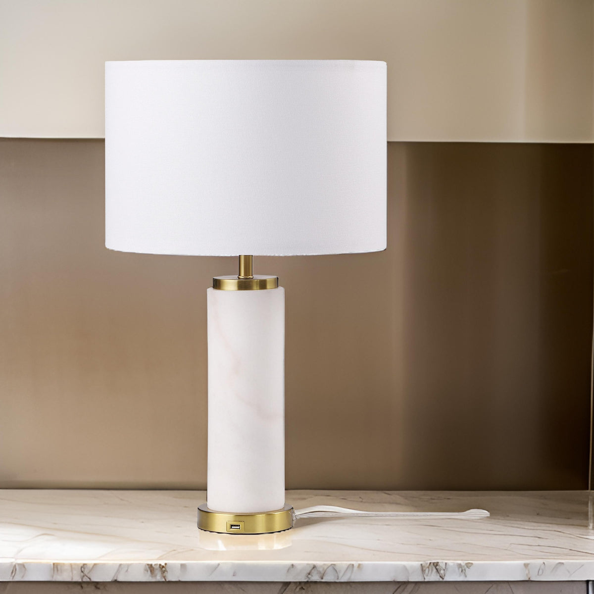 25 Inch Table Lamp, White Fabric Drum Shade, Modern Gold Metal Round Base - BM315251