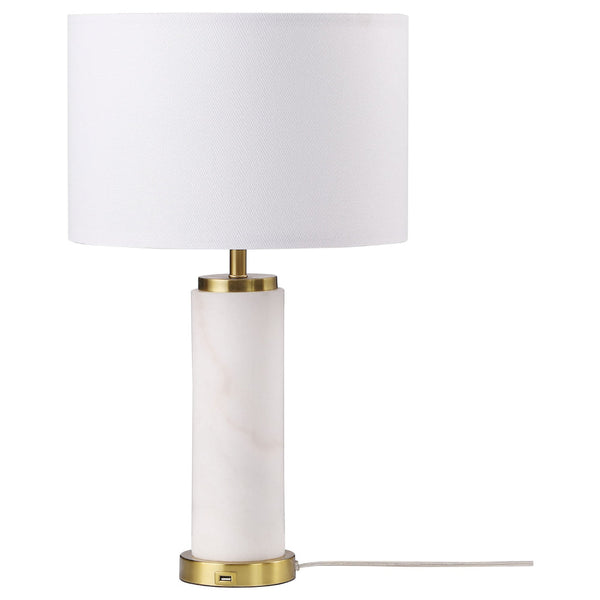 25 Inch Table Lamp, White Fabric Drum Shade, Modern Gold Metal Round Base - BM315251