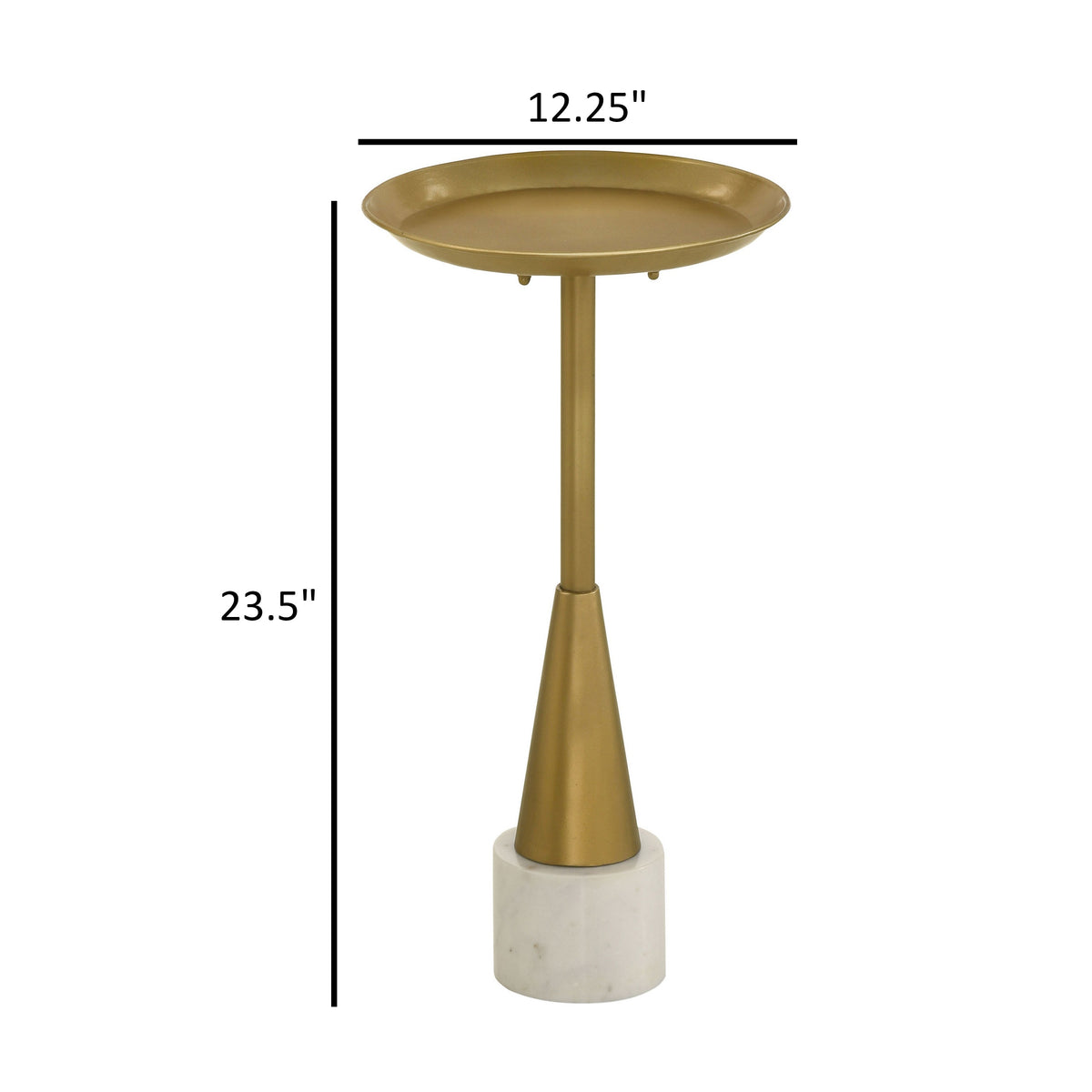 24 Inch Drink Side Table, 12 Inch Round Tray Top, White Marble Base, Gold - BM315253