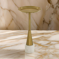 24 Inch Drink Side Table, 12 Inch Round Tray Top, White Marble Base, Gold - BM315253