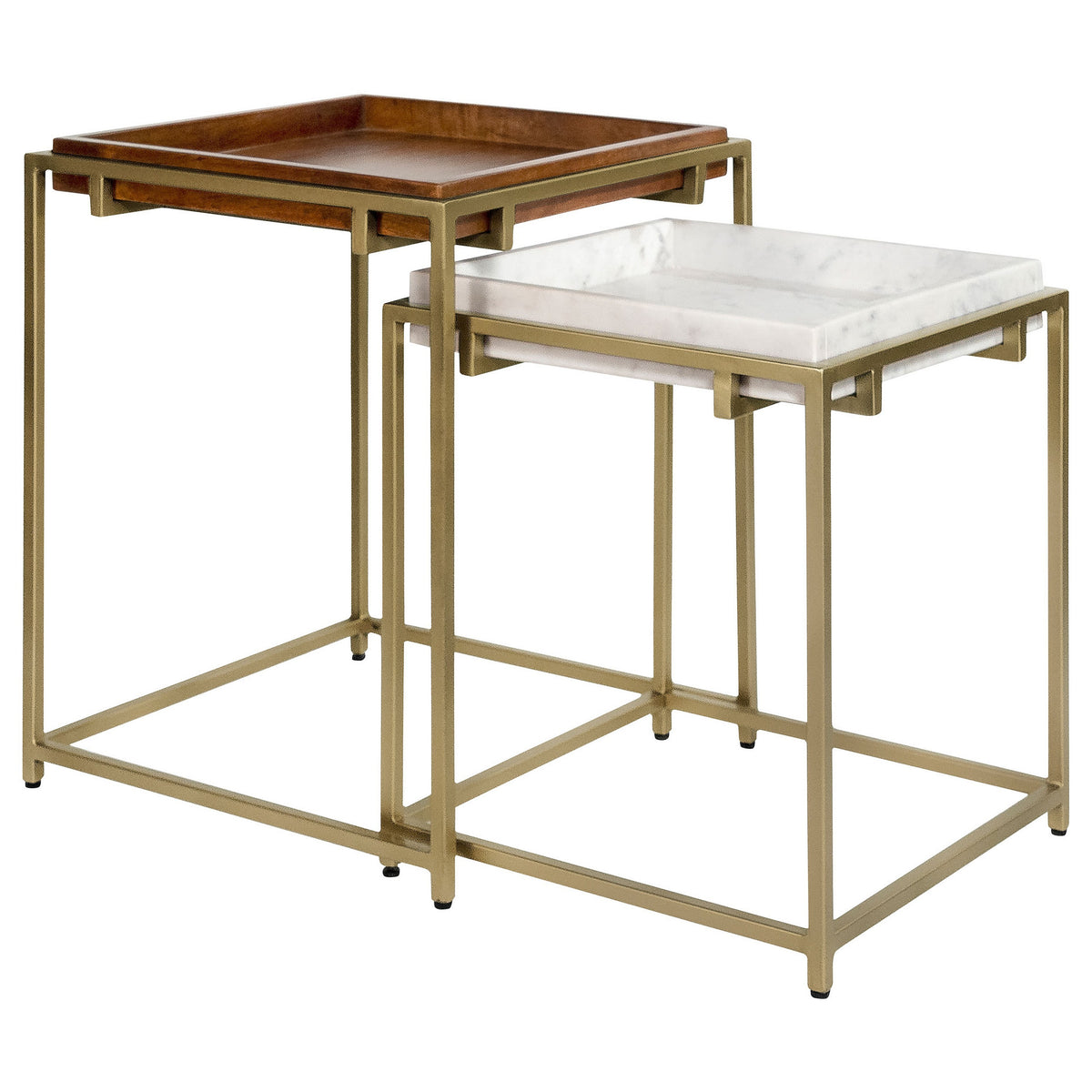 2 Piece Nesting End Table Set, Square Tray Top, White Marble, Gold, Brown - BM315254