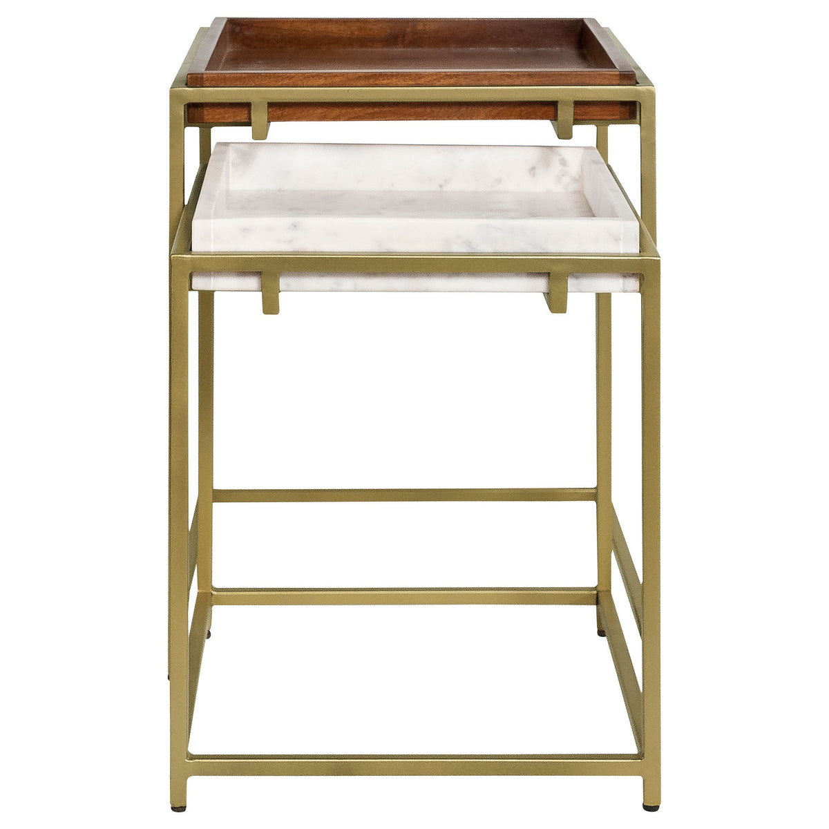 2 Piece Nesting End Table Set, Square Tray Top, White Marble, Gold, Brown - BM315254