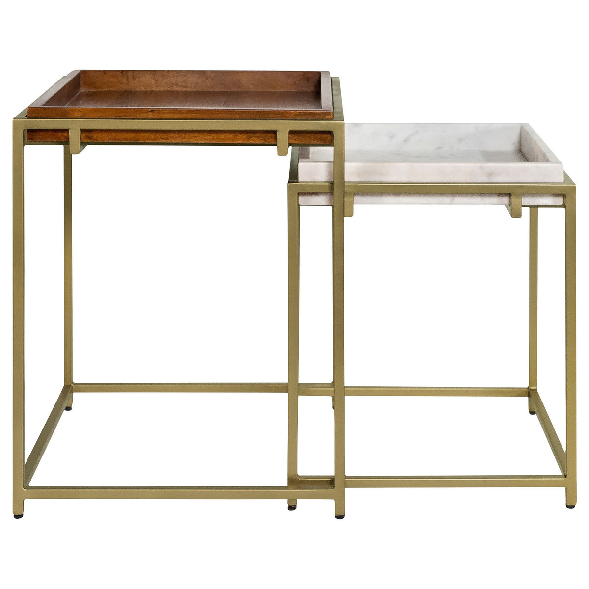 2 Piece Nesting End Table Set, Square Tray Top, White Marble, Gold, Brown - BM315254