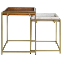 2 Piece Nesting End Table Set, Square Tray Top, White Marble, Gold, Brown - BM315254