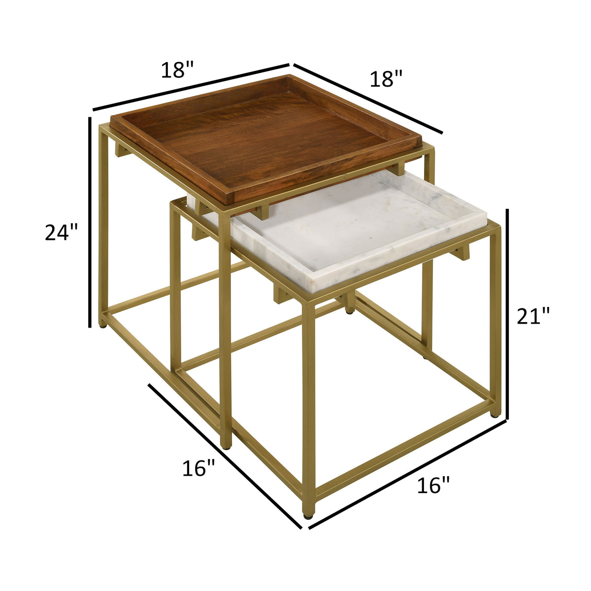 2 Piece Nesting End Table Set, Square Tray Top, White Marble, Gold, Brown - BM315254