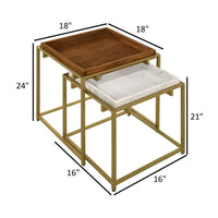 2 Piece Nesting End Table Set, Square Tray Top, White Marble, Gold, Brown - BM315254