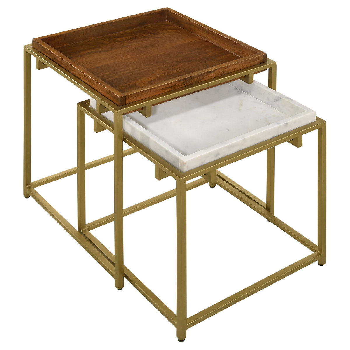 2 Piece Nesting End Table Set, Square Tray Top, White Marble, Gold, Brown - BM315254