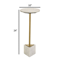 Drink Side Table, 10 Inch Round Marble Top, Triangular Base, Gold Frame - BM315255