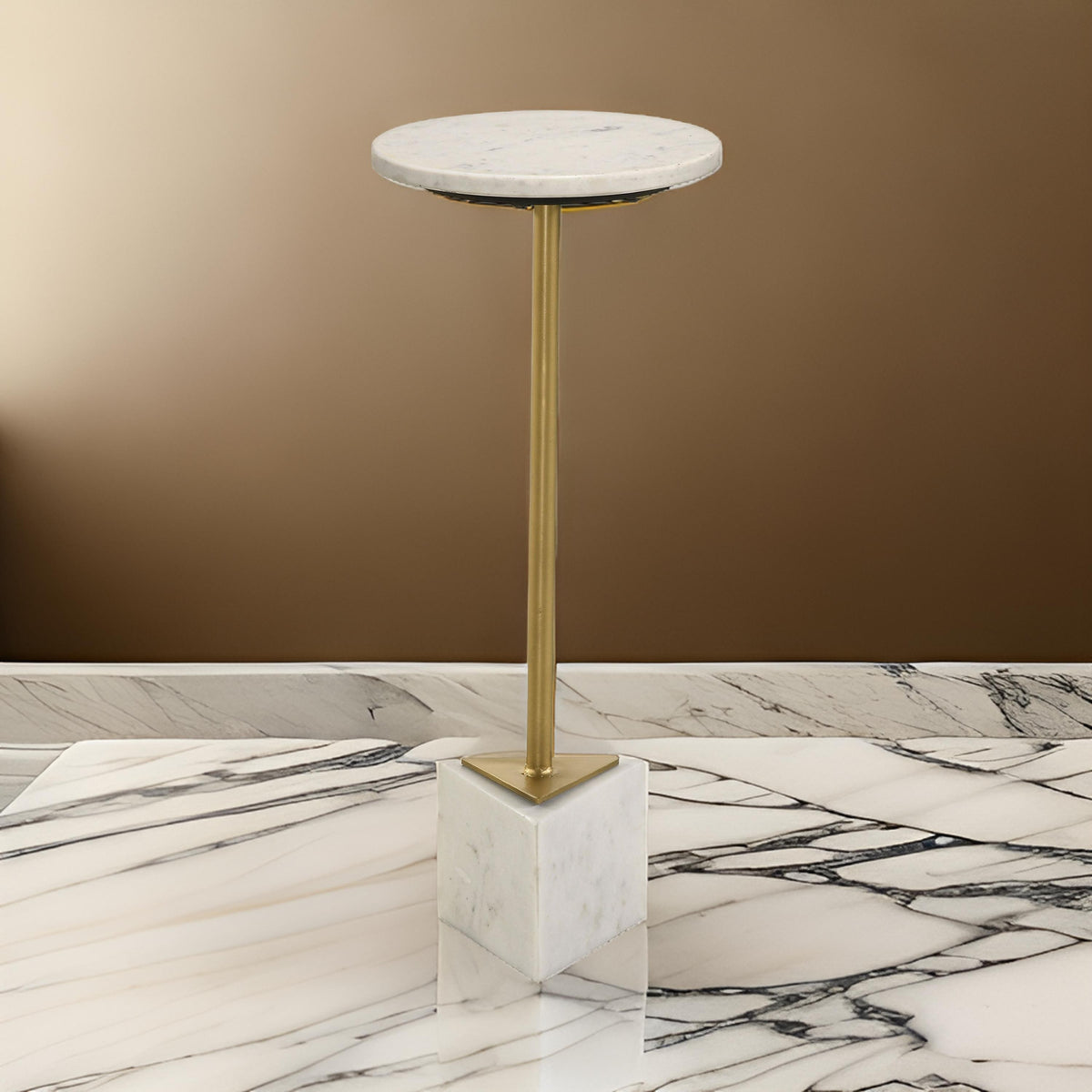 Drink Side Table, 10 Inch Round Marble Top, Triangular Base, Gold Frame - BM315255