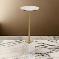 Drink Side Table, 10 Inch Round Marble Top, Triangular Base, Gold Frame - BM315255