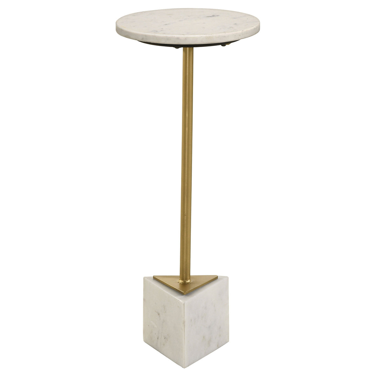 Drink Side Table, 10 Inch Round Marble Top, Triangular Base, Gold Frame - BM315255