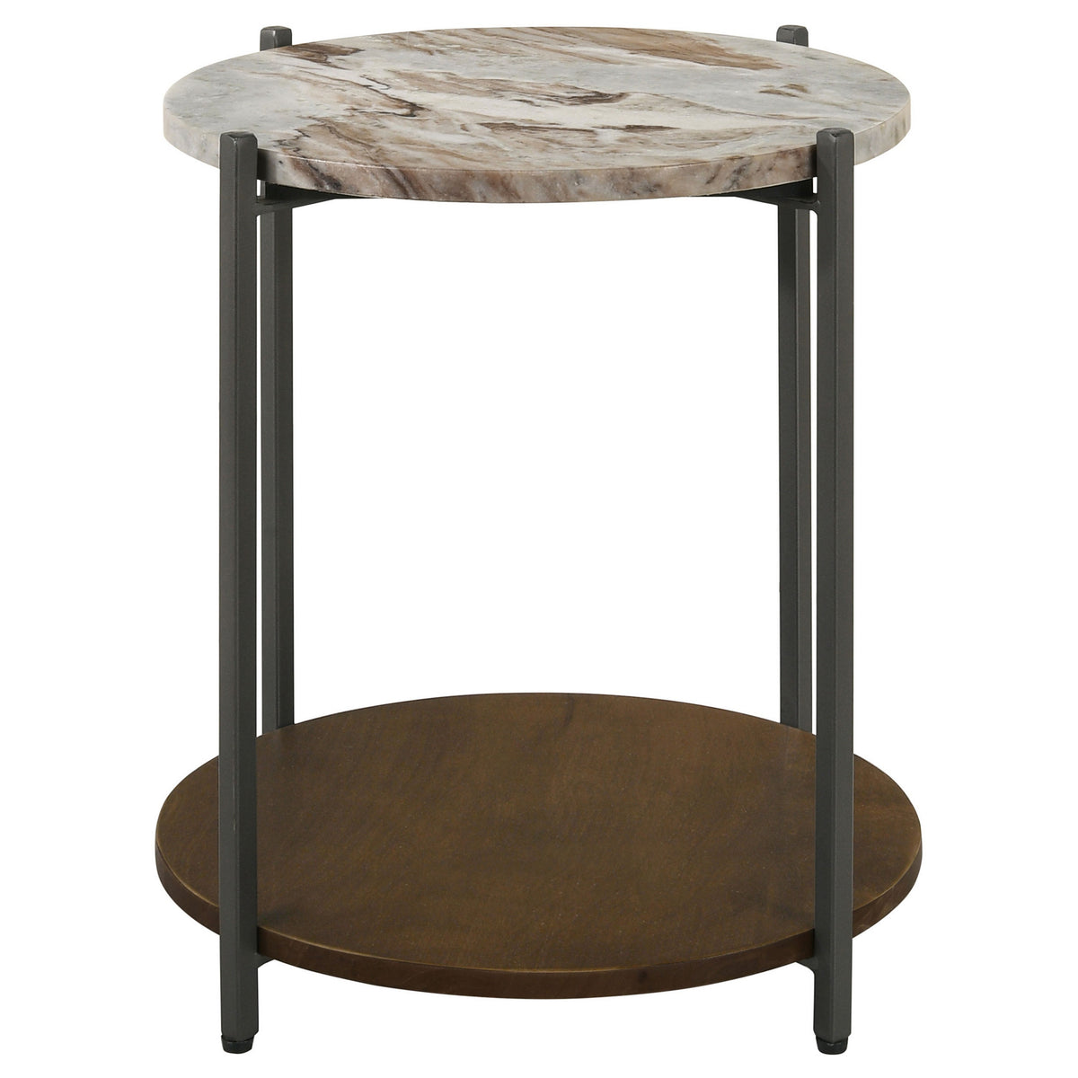 20 Inch Accent Table, Round Marble Top, 1 Shelf, Brown, Gunmetal Finish - BM315262