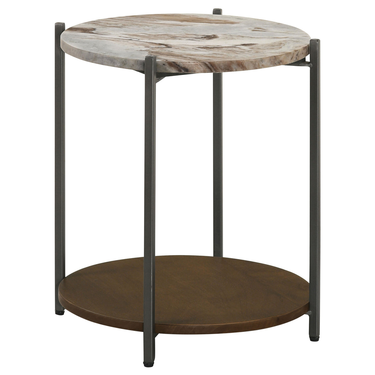 20 Inch Accent Table, Round Marble Top, 1 Shelf, Brown, Gunmetal Finish - BM315262