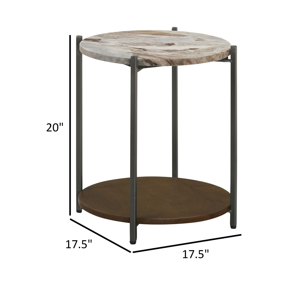 20 Inch Accent Table, Round Marble Top, 1 Shelf, Brown, Gunmetal Finish - BM315262