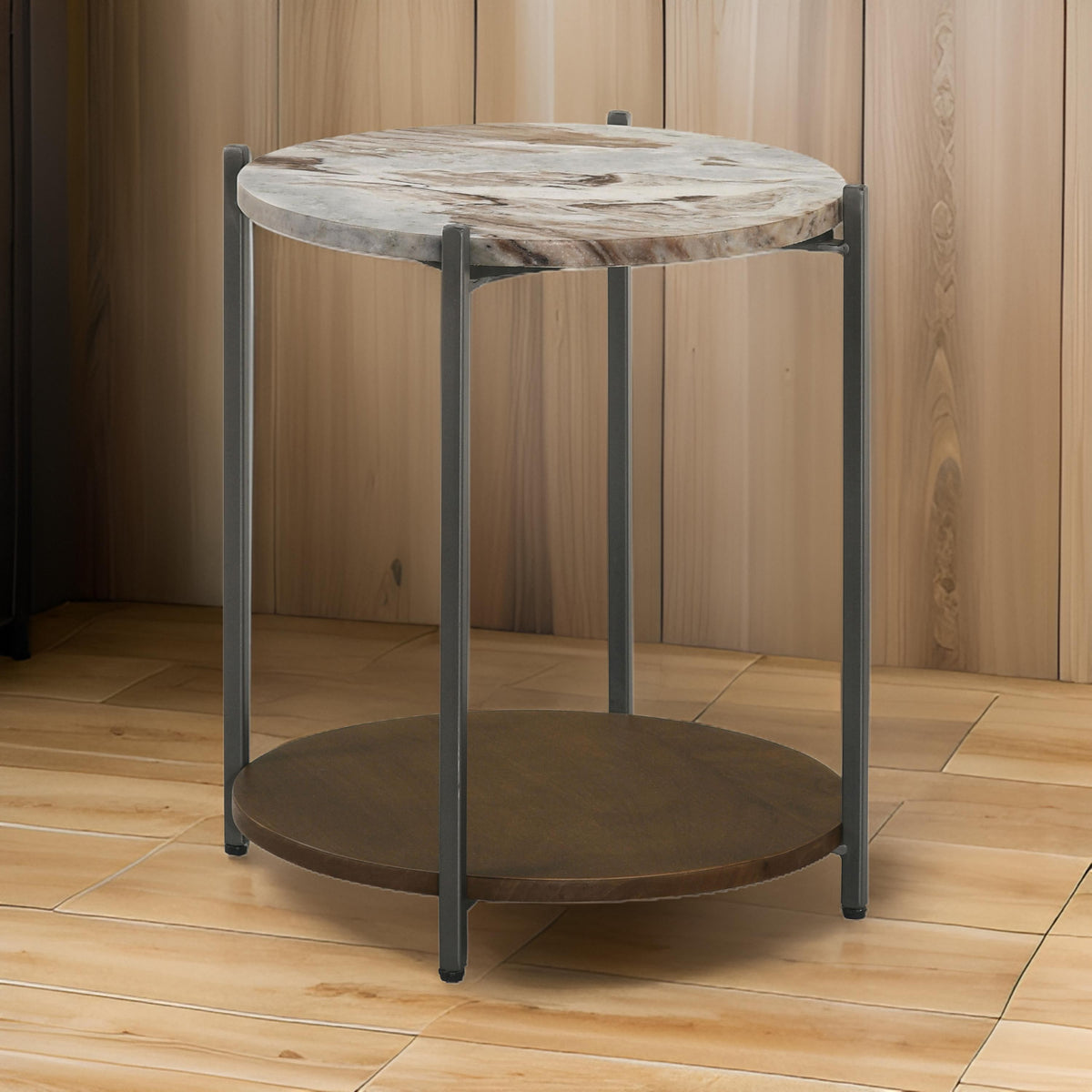 20 Inch Accent Table, Round Marble Top, 1 Shelf, Brown, Gunmetal Finish - BM315262