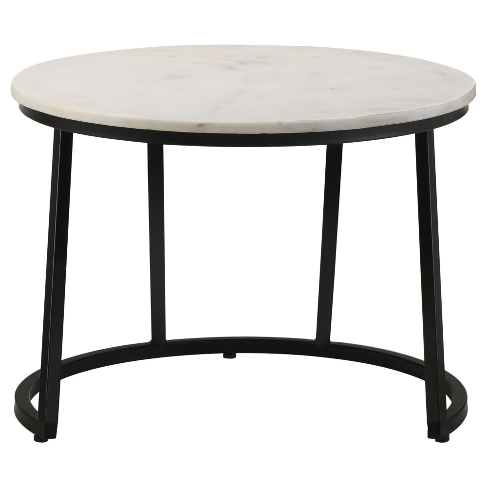 24 Inch Accent Coffee Table, White Marble Top, C Base, Black Metal Finish - BM315263