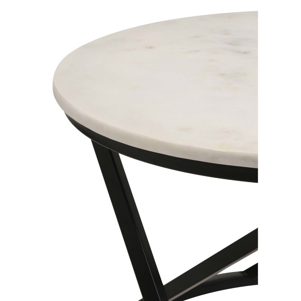 24 Inch Accent Coffee Table, White Marble Top, C Base, Black Metal Finish - BM315263