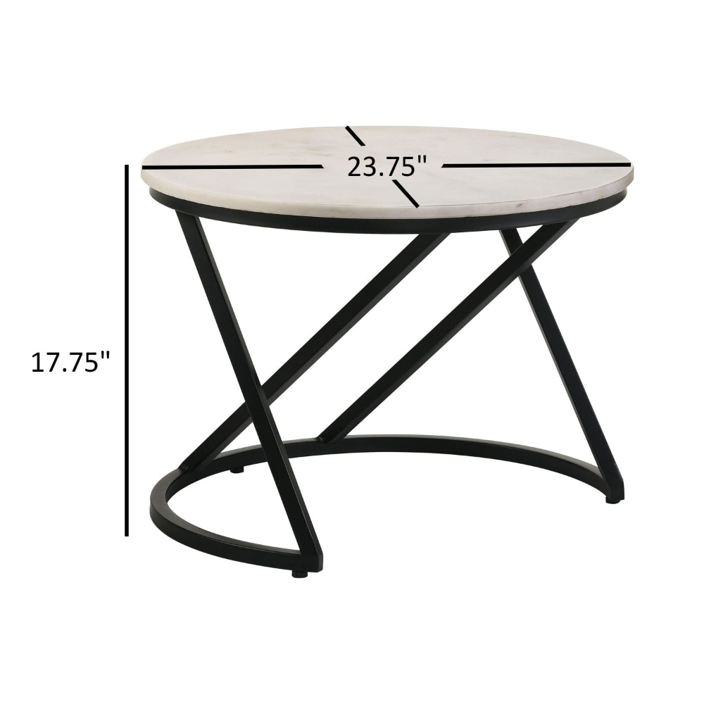 24 Inch Accent Coffee Table, White Marble Top, C Base, Black Metal Finish - BM315263