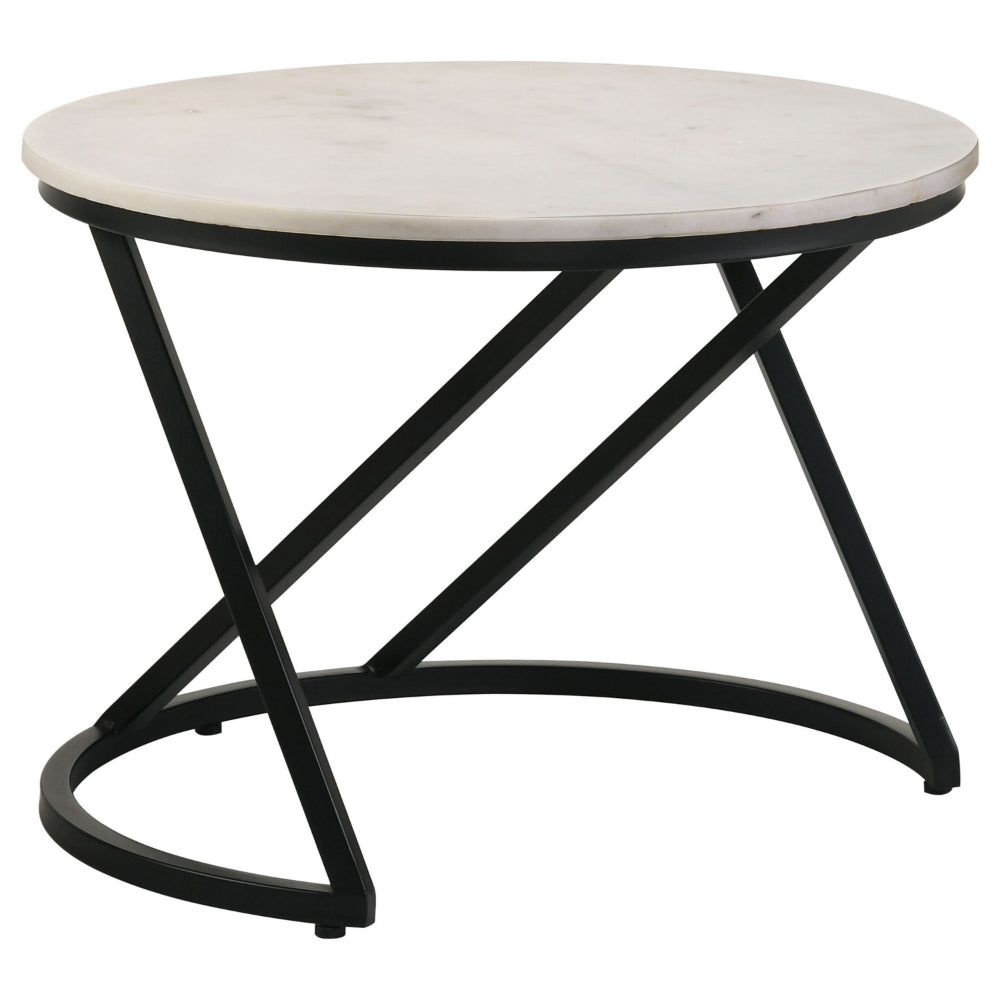 24 Inch Accent Coffee Table, White Marble Top, C Base, Black Metal Finish - BM315263