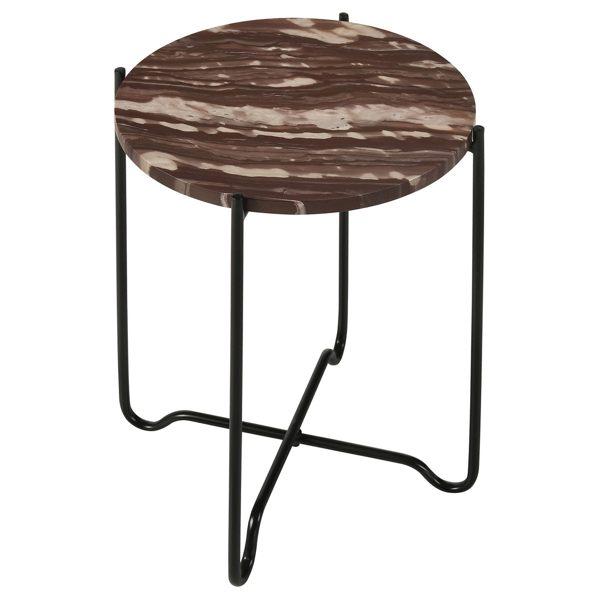 22 Inch Accent Table, Round Red Marble Top, Crossed Open Black Metal Base - BM315264