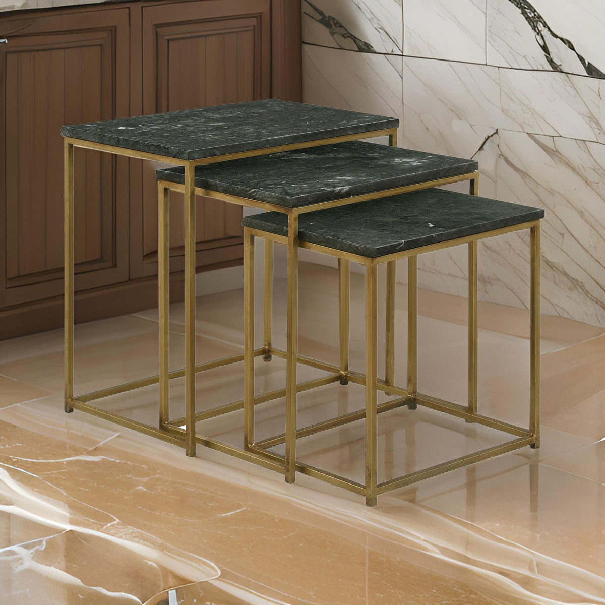 Agi 3 Piece Nesting Side Table Set, Green Square Marble, Gold Metal Frame - BM315268