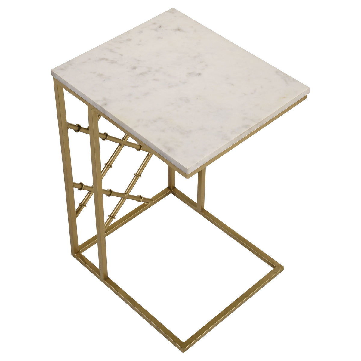 Syp 25 Inch Accent Table, White Marble Top, Gold Crossed Open Metal Frame - BM315269