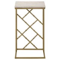 Syp 25 Inch Accent Table, White Marble Top, Gold Crossed Open Metal Frame - BM315269