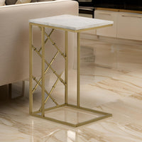 Syp 25 Inch Accent Table, White Marble Top, Gold Crossed Open Metal Frame - BM315269