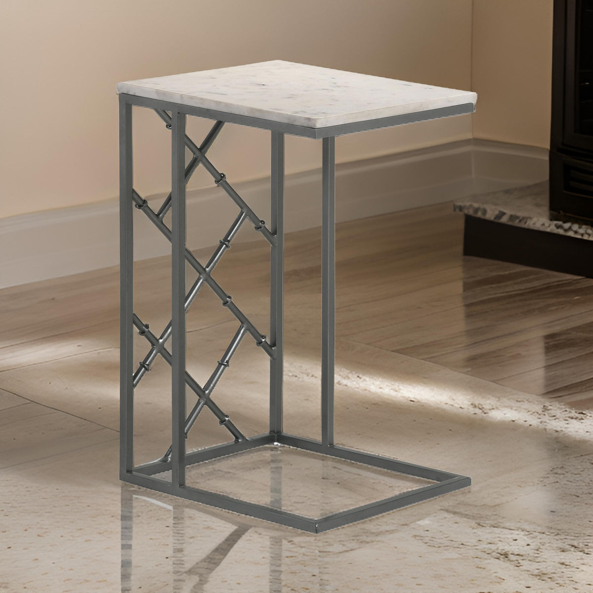 Syp 25 Inch Accent Table, White Marble Top, Gray Metal Crossed Open Frame - BM315270