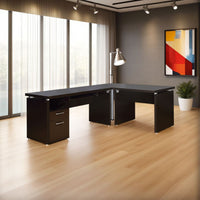 Niti 83 Inch Computer Office Desk, L Shape, Slide Out Keyboard Tray, Brown