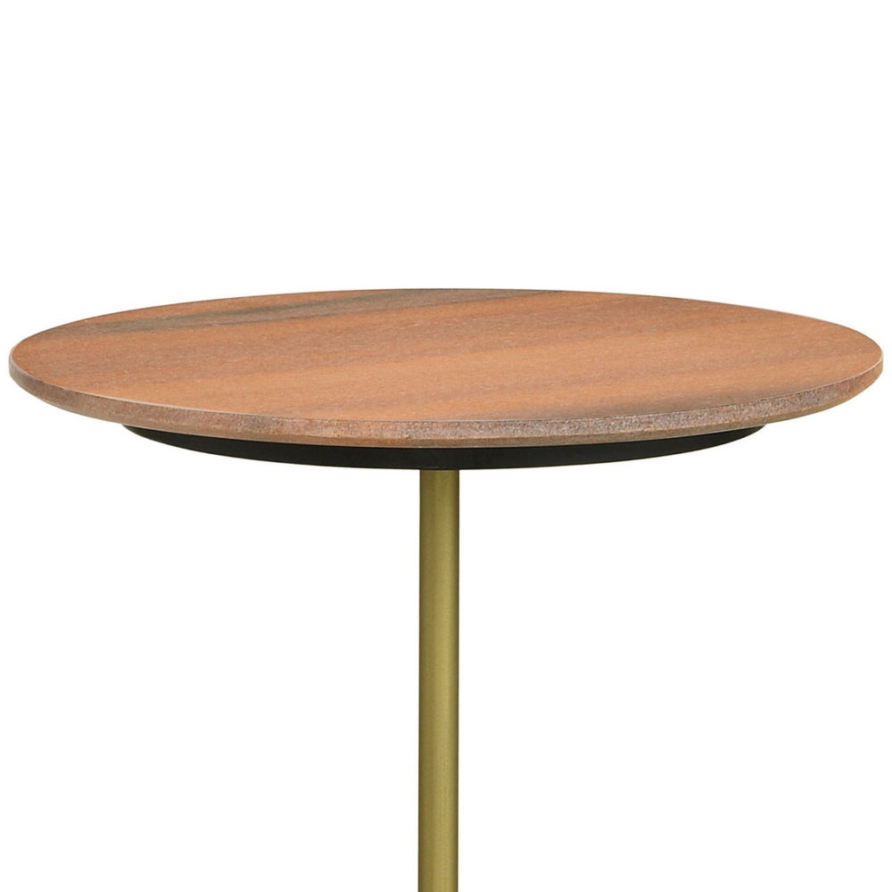 27 Inch Side Table, Round Peach Marble Top, Gold Metal Frame, Pedestal Base - BM315277