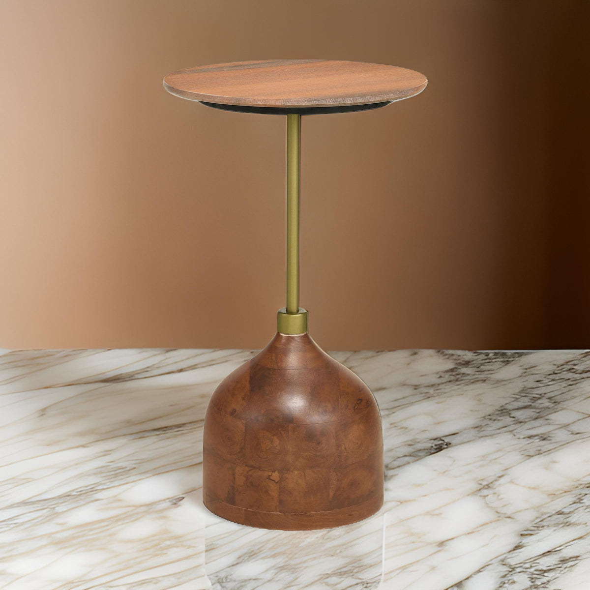 27 Inch Side Table, Round Peach Marble Top, Gold Metal Frame, Pedestal Base - BM315277