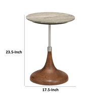 24 Inch Side Table, Round White Marble Top, Brown Mango Wood Pedestal Base - BM315278