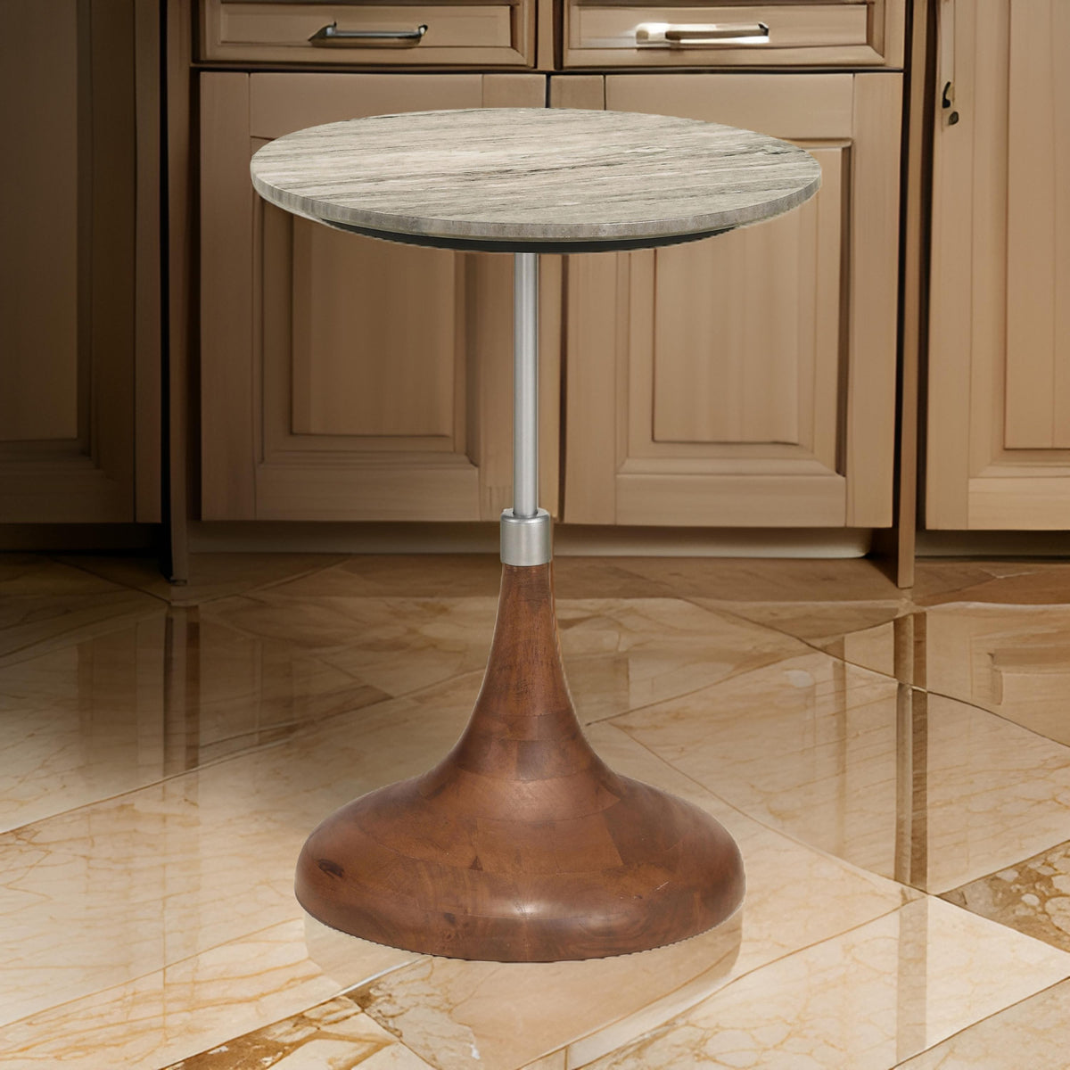 24 Inch Side Table, Round White Marble Top, Brown Mango Wood Pedestal Base - BM315278