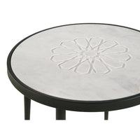 21 Inch Side End Table, Round Marble Top, Floral Motifs, Black Frame, White - BM315279