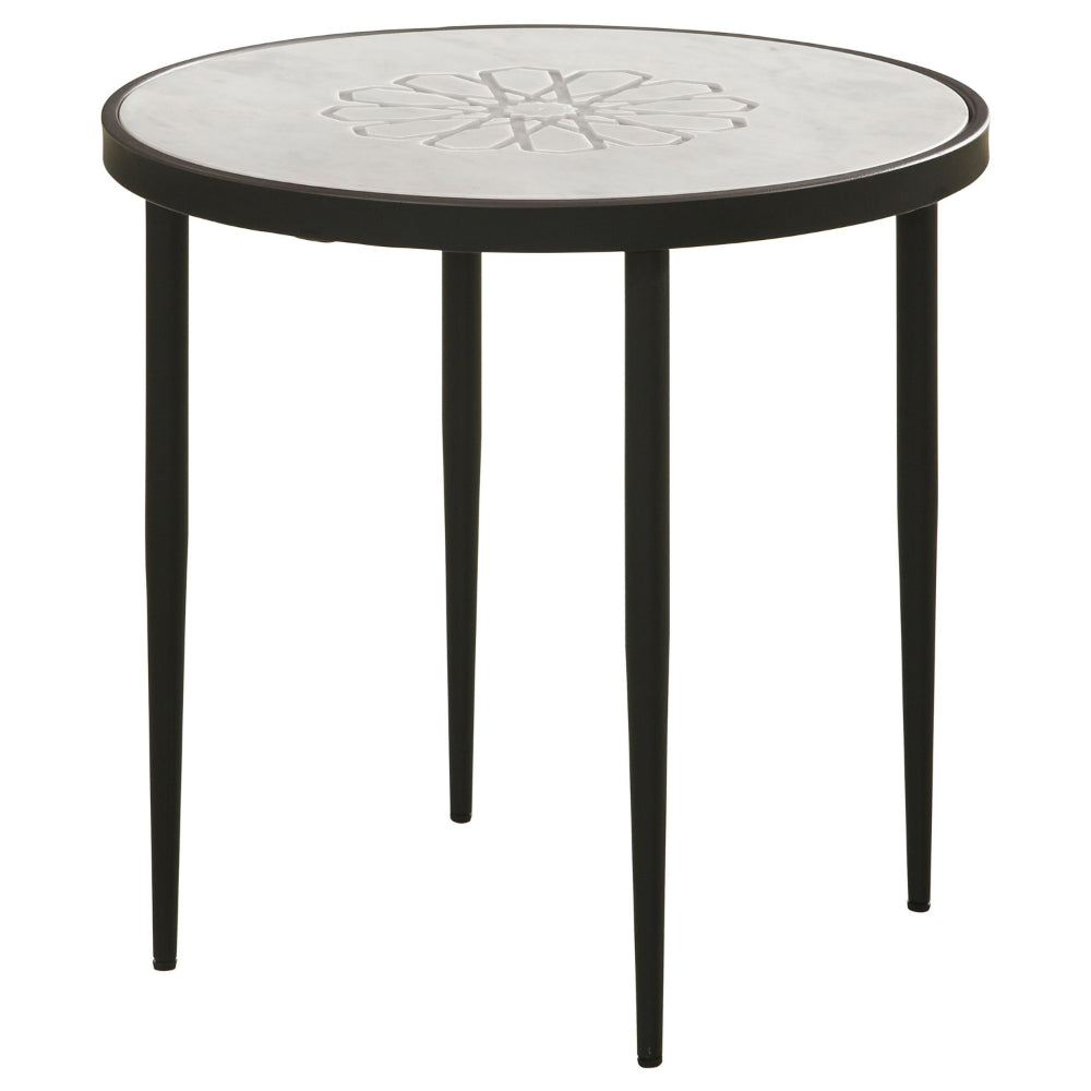 21 Inch Side End Table, Round Marble Top, Floral Motifs, Black Frame, White - BM315279