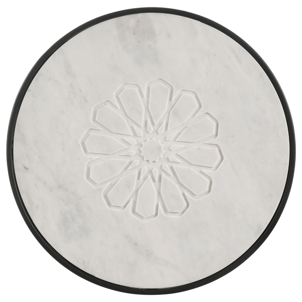 21 Inch Side End Table, Round Marble Top, Floral Motifs, Black Frame, White - BM315279