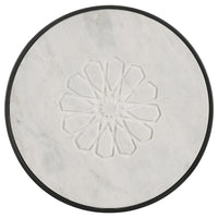 21 Inch Side End Table, Round Marble Top, Floral Motifs, Black Frame, White - BM315279