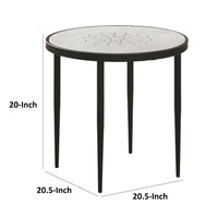 21 Inch Side End Table, Round Marble Top, Floral Motifs, Black Frame, White - BM315279