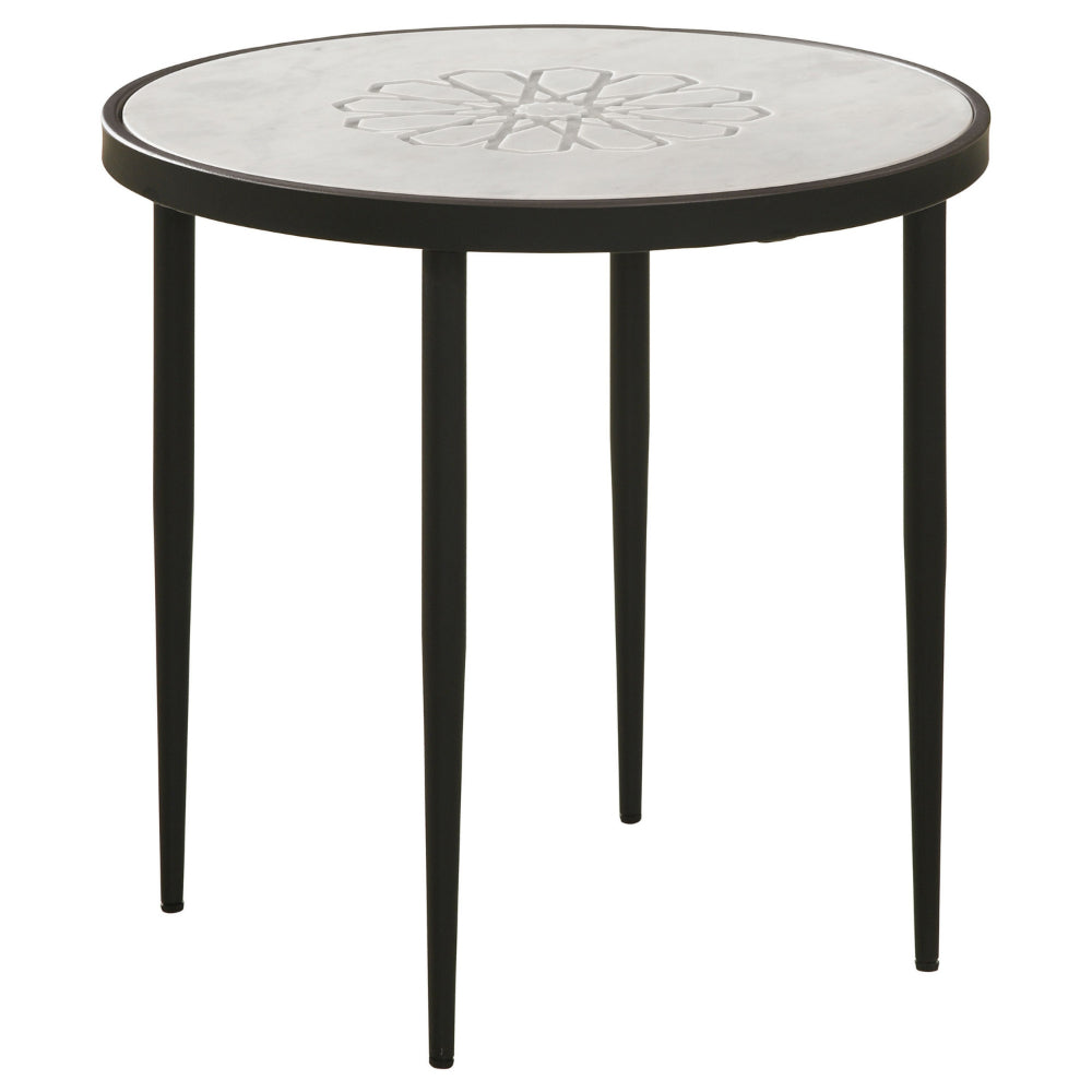 21 Inch Side End Table, Round Marble Top, Floral Motifs, Black Frame, White - BM315279