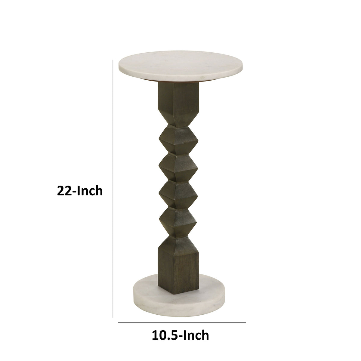 Drink Side Table, 11 Inch Round Marble, Spindle Pedestal Base, White, Gray - BM315280