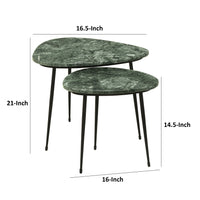 2 Piece Nesting Accent Table Set, Triangular Marble Top, Green, Black - BM315281