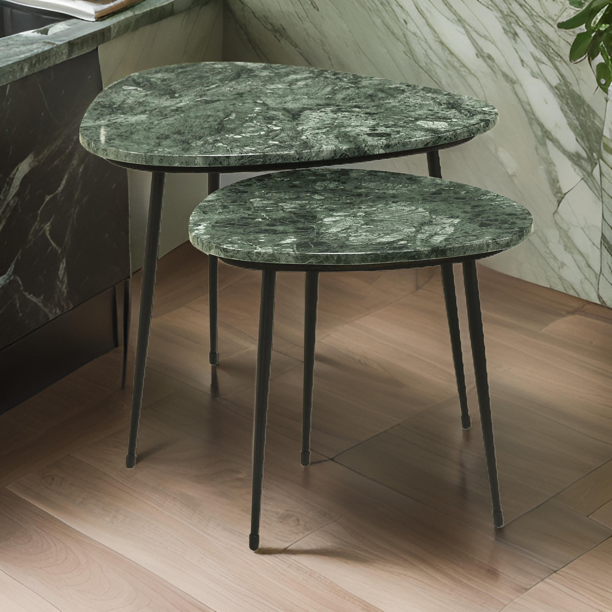 2 Piece Nesting Accent Table Set, Triangular Marble Top, Green, Black - BM315281