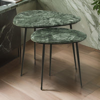 2 Piece Nesting Accent Table Set, Triangular Marble Top, Green, Black - BM315281