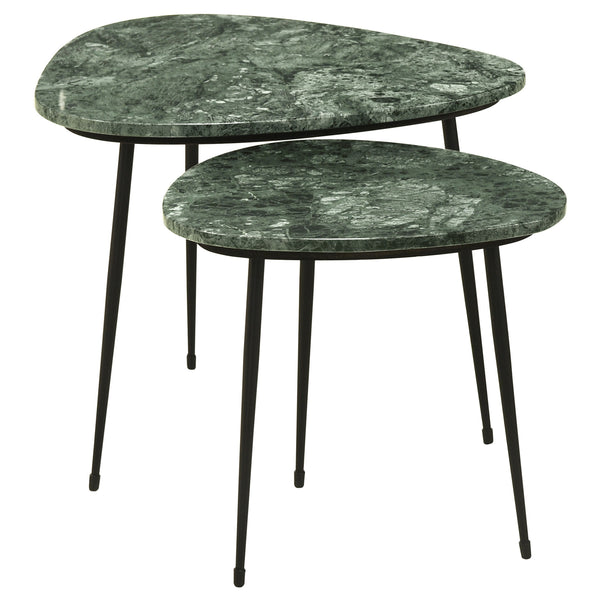 2 Piece Nesting Accent Table Set, Triangular Marble Top, Green, Black - BM315281