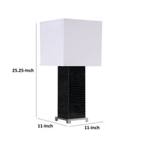 25 Inch Table Lamp, Square White Shade, Modern Black Crocodile Pattern Base - BM315282